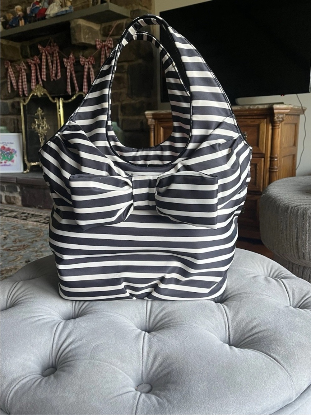 kate spade Black & White Striped Bow Handbag/Tote - Picture 1 of 16
